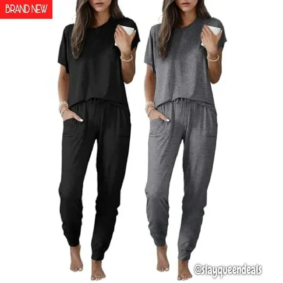 Soft Jogger Pajama Set with Pockets - Short Sleeve Lounge Wear